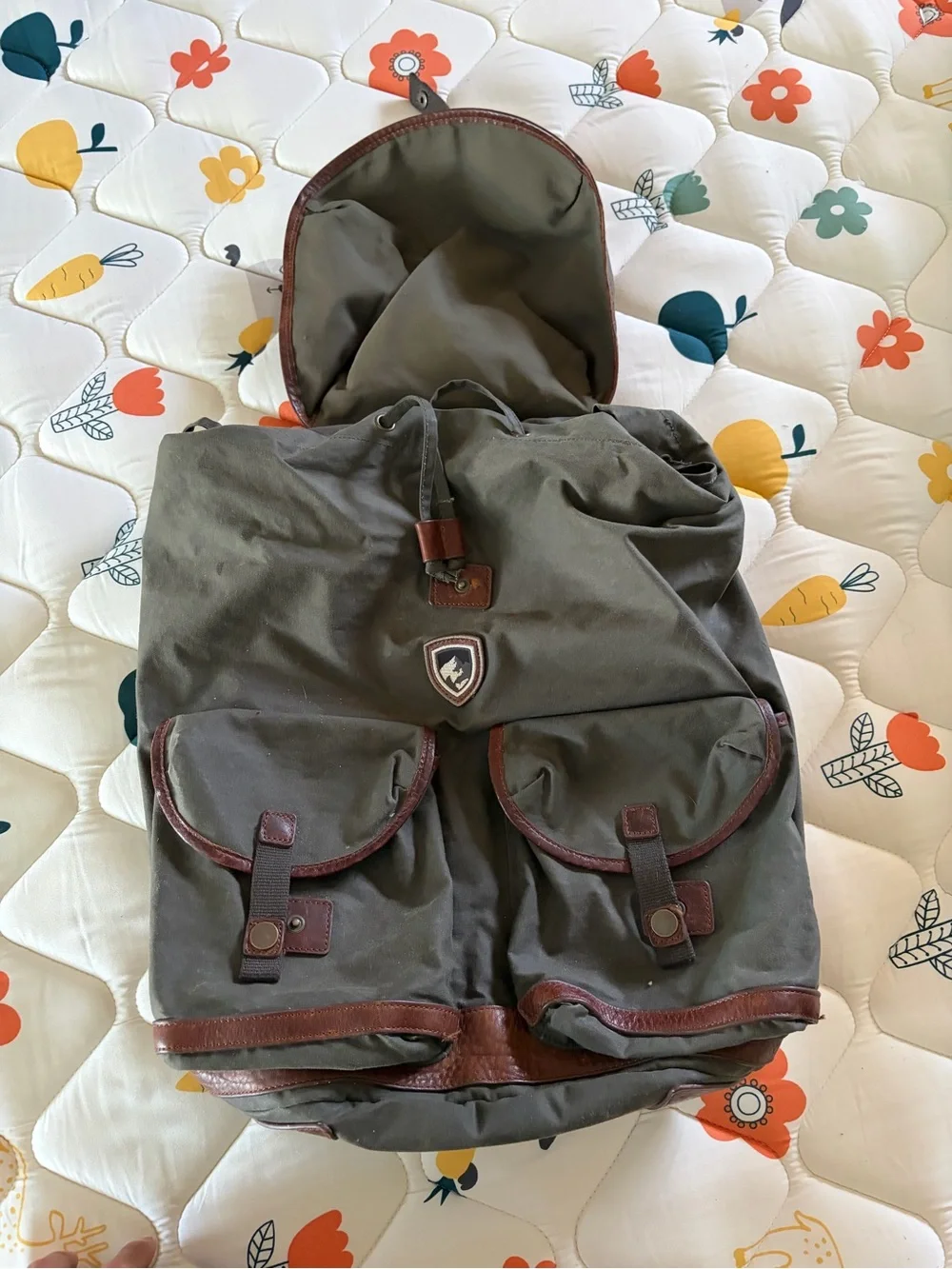 Kuhl Olive Green Canvas Backpack with Brown Leather Trim